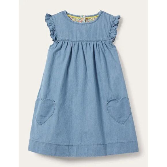 Mini Boden Dresses & Skirts - NEW Boden Denim Love Heart Frill Sleeve Dress Sz 7/8